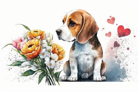 Little beagle puppy with a bouquet of flowers. Generative AI