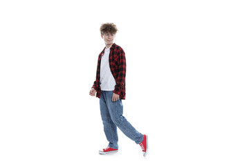 Teenager in stylish clothes isolated on white background