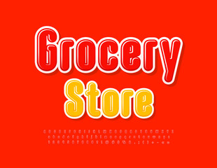 Vector bright Banner Grocery Store. Red glossy Font. Artistic Alphabet Letters, Numbers an Symbols set.