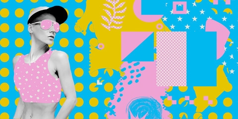 Contemporary digital collage art. Modern trippy design. Fashion Girl and creative abstract background