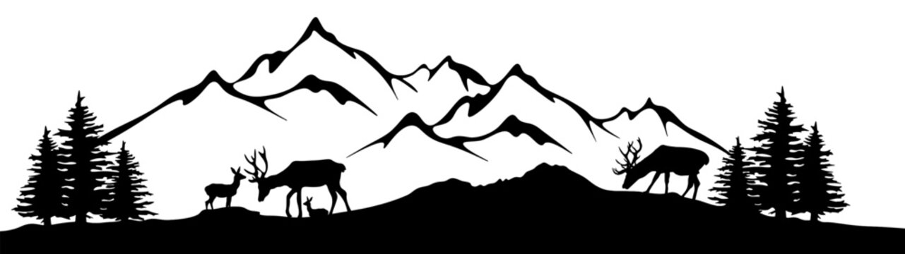 Black silhouette of deer mountains and forest fir trees camping wildlife landscape panorama illustration icon vector for logo, isolated on white background