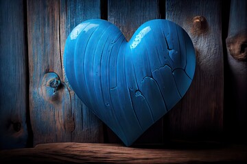 ai generated love wallpaper with a blue heart on a wooden rustic background, generative ai valentine´s day stock image