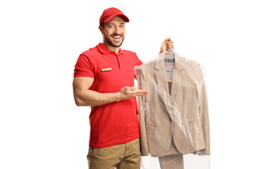 Male worker showing a suit from dry cleaners