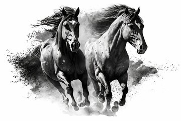 Iconic frontal shot of two free running chestnut horses. Generative AI