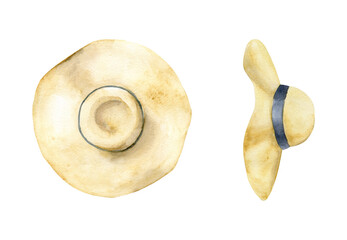 Fototapeta premium Hand drawn watercolor elements. Yellow floppy straw sun hat with dark blue ribbon. Isolated on white background. Design wall art, wedding, print, fabric, cover, card, tourism, travel booklet.