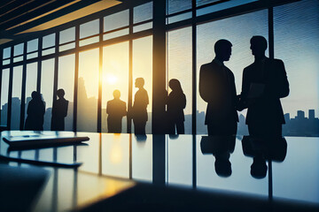 Silhouettes of businessmen in the office against the background of panoramic windows and glare of sunlight
