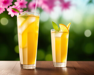 Fototapeta premium a fresh refreshing glass of lemonade juice cocktail drink in a sunny spring garden, created using AI generative tools