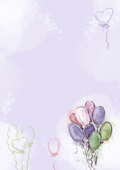 Balloons on a pastel purple background with a place for wishes. Background, template for text, postcards, with festive balloons. Template for the design of invitations, letters.