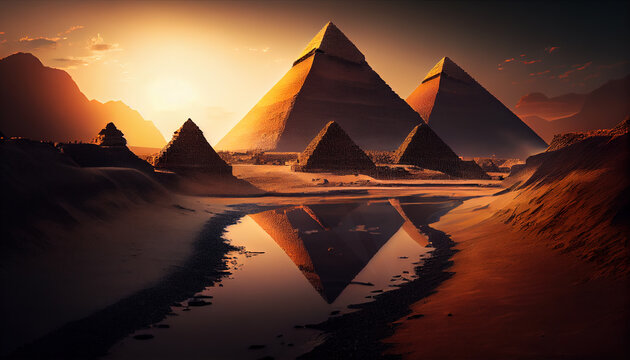 World famous pyramids in Egypt reflecting in pond, AI generated