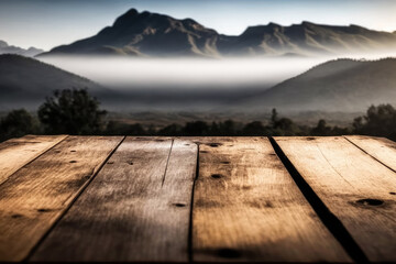 Old wooden shabby table against the backdrop of mountains. Foggy morning. Photorealistic illustration generated by AI.