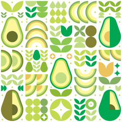 Abstract artwork of avocado pattern icon. Vector art, illustration of cut avocado symbol, seed, flower, leaf, and geometric shape. Fruits and vegetables simple flat modern design, white background.