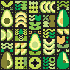 Abstract artwork of avocado pattern icon. Vector art, illustration of cut avocado symbol, seed, flower, leaf, and geometric shape. Fruits and vegetables simple flat modern design, black background. - obrazy, fototapety, plakaty