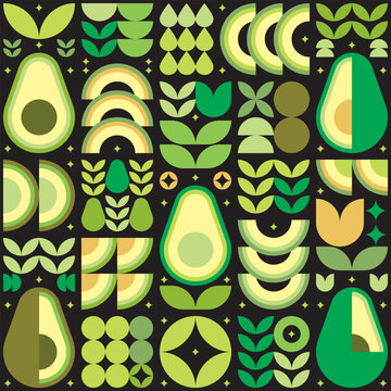 Abstract artwork of avocado pattern icon. Vector art, illustration of cut avocado symbol, seed, flower, leaf, and geometric shape. Fruits and vegetables simple flat modern design, black background.