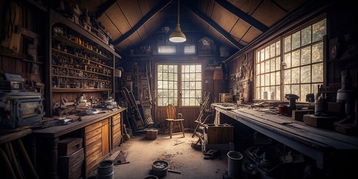 Woodworking workshop. An old shed type wood worker or carpenter's work place with old tools on the wall and rustic feel. Generative AI. 