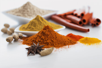 Spices On A White Background Top On Blurred Kitchen Background. Generative AI.