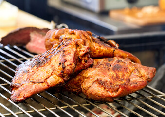 Close-up view of grilled meat in the kitchen