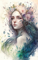 Portrait of a girl with flowers in her long hair. Watercolor illustration. Goddess of spring. Generative AI