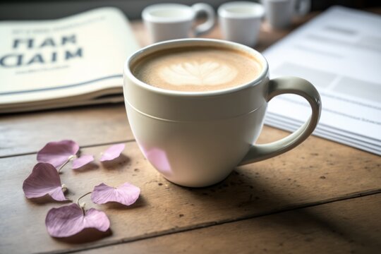 White cup with latte coffee and petals on wooden table, created using generative ai technology