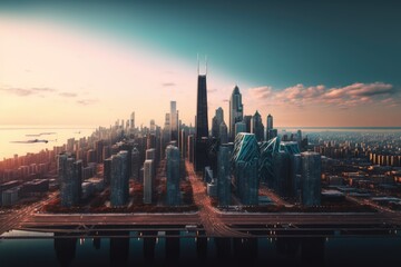 Skyline with modern buildings by seashore, created using generative ai technology