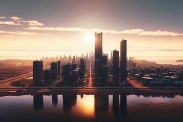 Skyline with modern buildings at sunset, created using generative ai technology