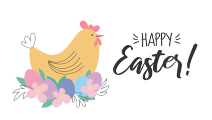Happy Easter postcard with a cute chicken and colorful eggs and flowers. Holiday spring flat style vector illustration.