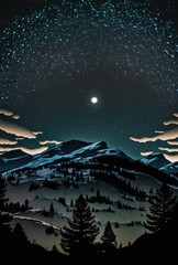Starry skies and full moon over mountains landscape at night, created using generative ai technology