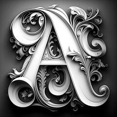 The letter A is adorned with scrolling curves and various shades of white - generative ai.