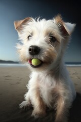 Portrait of white cute dog with ball in mouth on beach, created using generative ai technology