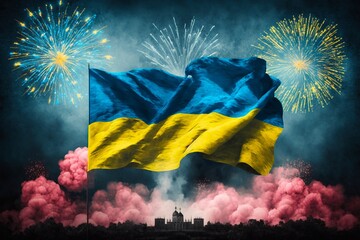 Ukrainian flag waving in the wind with fireworks in the background. Generative AI