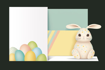 Easter-themed concept template with easter eggs and spring flowers and space for text input. Flat lay. Generative AI.