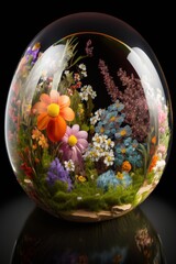 Colorful egg-shaped diorama of spring flowers. Generative AI.