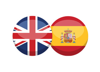 UK and Spain flag isolated on white background. English-Spanish conversation concept. Learn languages. Vector stock