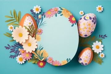 Easter-themed concept template with easter eggs and spring flowers and space for text input. Flat lay. Generative AI.