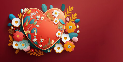 Fototapeta premium Easter-themed concept template with easter eggs and spring flowers and space for text input. Flat lay. Generative AI.