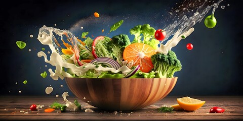 Fresh Salad Vegetables Fruits Salad in Kitchen Water Sprinkles Tomato Onion Cucumber Pepper Cooking Cook Chef Generative AI