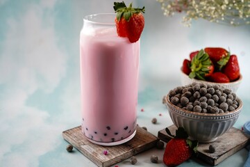 Homemade strawberry milk bubble tea or Boba, selective focus