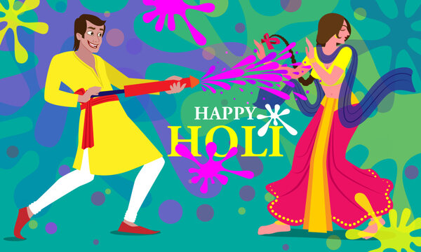 Happy Holi, Indian festival, poster, banner, template. Cartoon Young people Playing Holi On colorful costume. vector illustration. colour festival of India, Holi