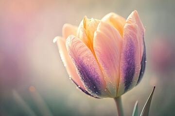 Closeup of blooming tulip flower in spring on pastel bokeh background