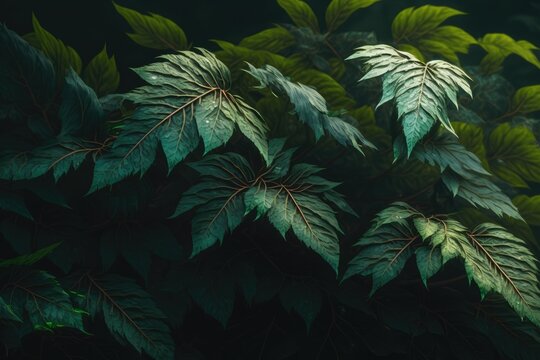 Different green plants leaves on black background created using generative ai technology