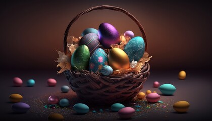 Colorful easter eggs in a basket. Generative AI.