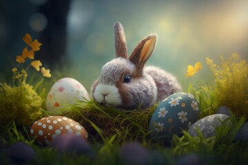Cute bunny and easter eggs on green grass in a forest. Generative AI.