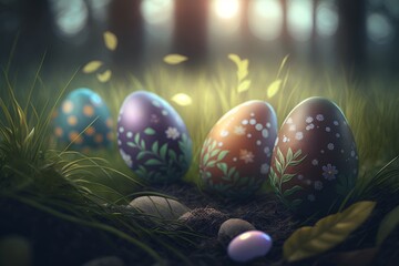 Colorful easter eggs on green grass in a forest. Generative AI.