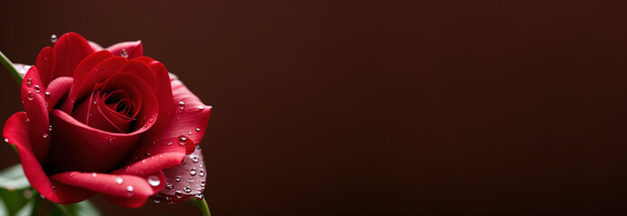 Red Rose flower with rain dew drops isolated on dark background with large copy space. Generative AI.