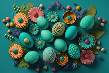 Colorful easter eggs and spring flowers on clean teal background. Generative AI.