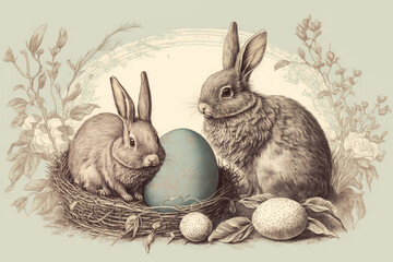 Vintage easter bunnies and easter eggs in a basket. Sepia. Generative AI.