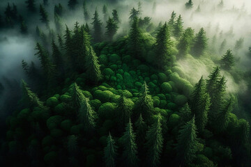 Aerial drone shot of a green, foggy forest. Generative AI