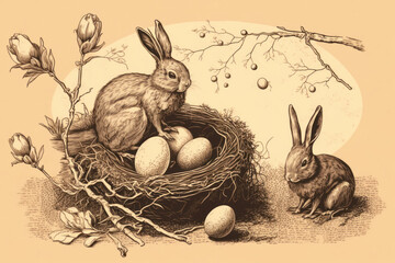 Vintage easter bunnies and easter eggs in a basket. Sepia. Generative AI.