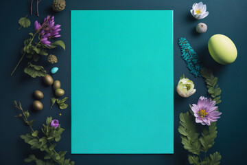 Easter-themed concept template with easter eggs and spring flowers and space for text input. Flat lay. Generative AI.