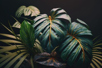 Close up of green leaves on black background created using generative ai technology