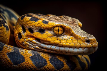 Obraz premium Close up of a timor python, yellow snake. Generative AI, Generative, AI